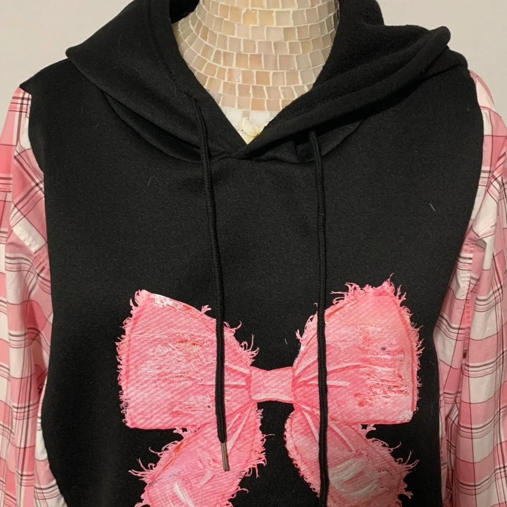 Upcycled Black Hoodie with Pink Distressed Bow Graphic  & Pink Plaid Sleeves - Picture 2 of 9
